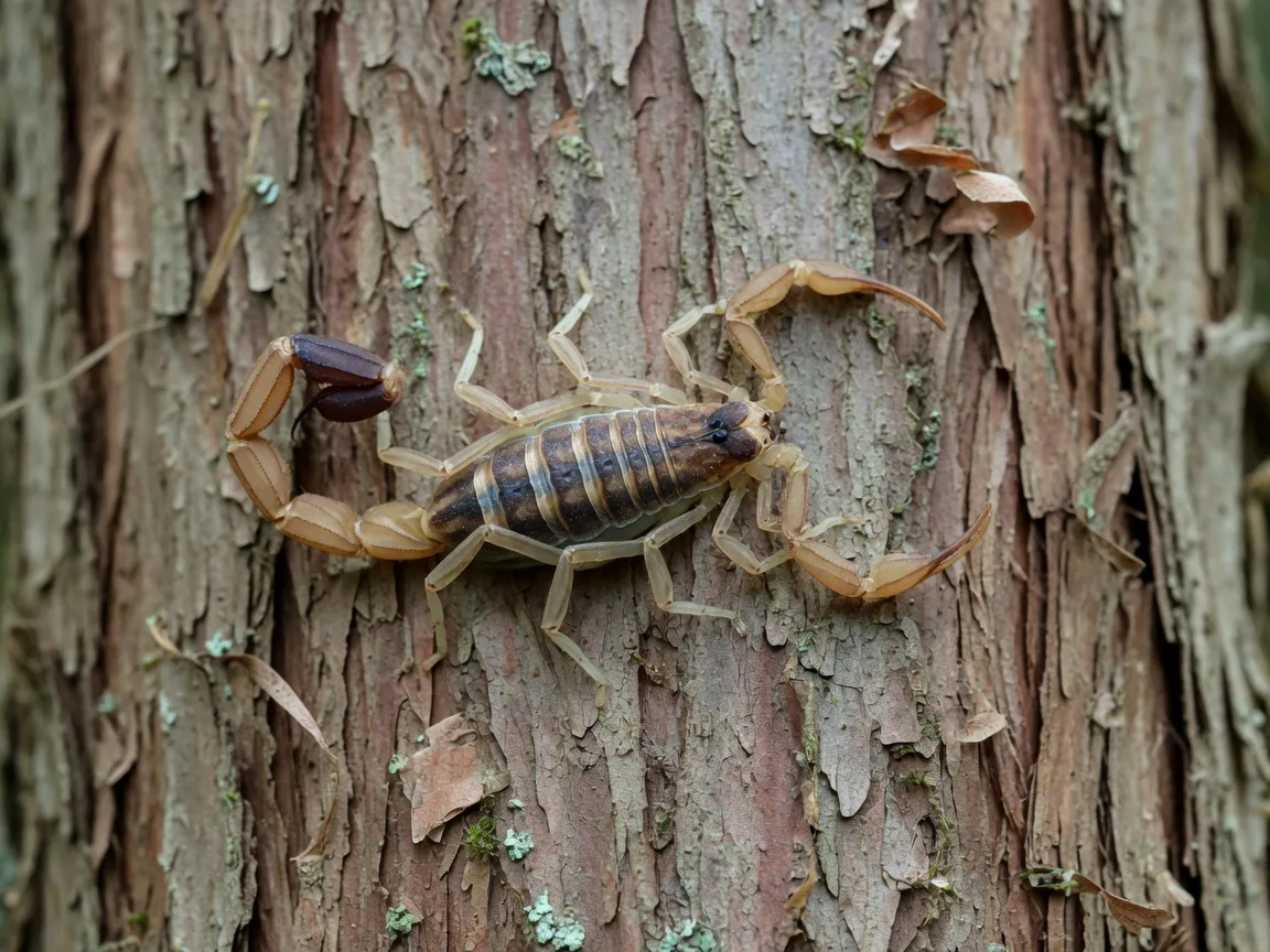 A striped bark scorpion with two darker dorsal stripes resting on rough cedar tree bark in soft daylight