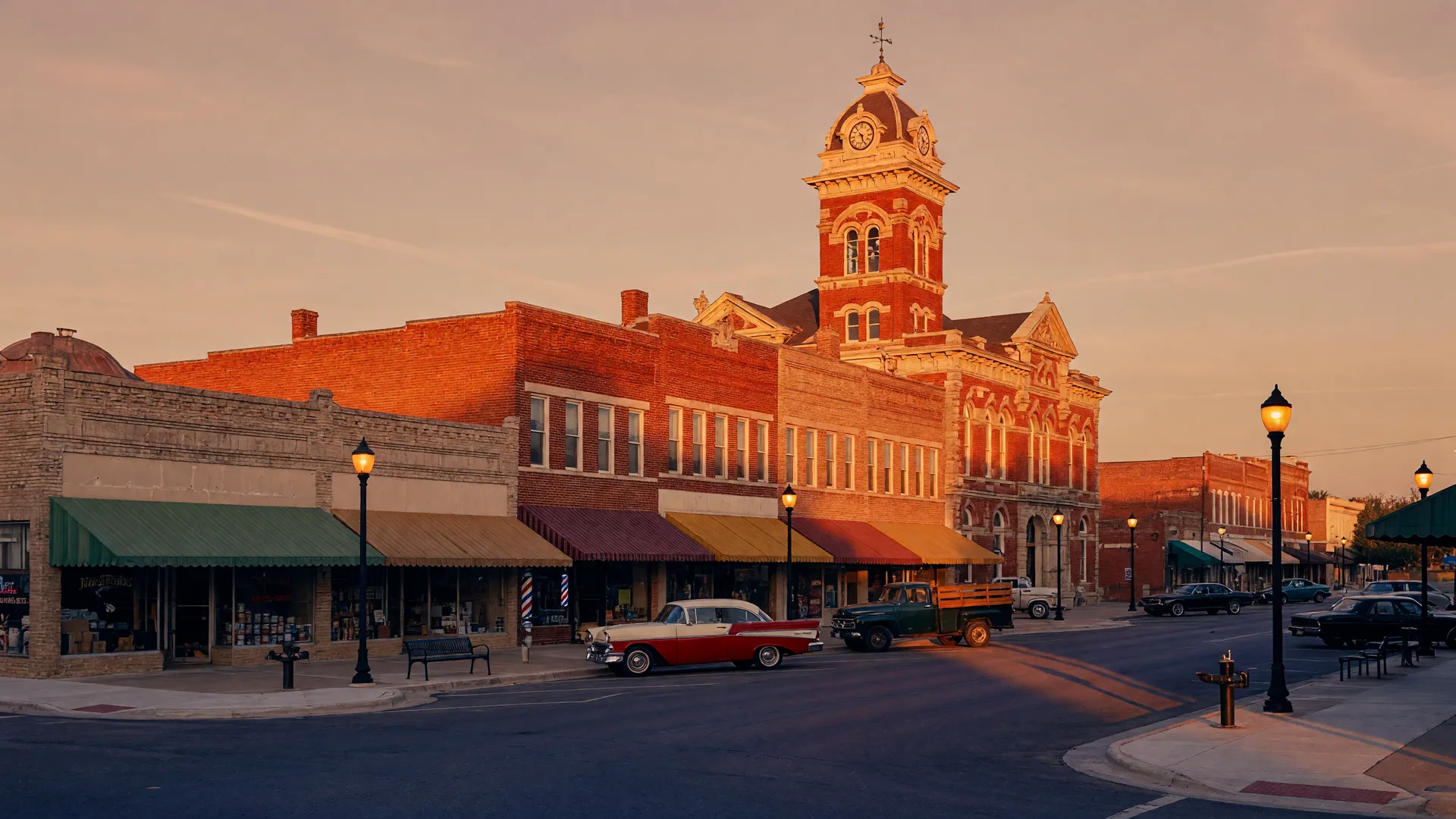 Historic Downtown Belton square at golden hour with the brick courthouse tower