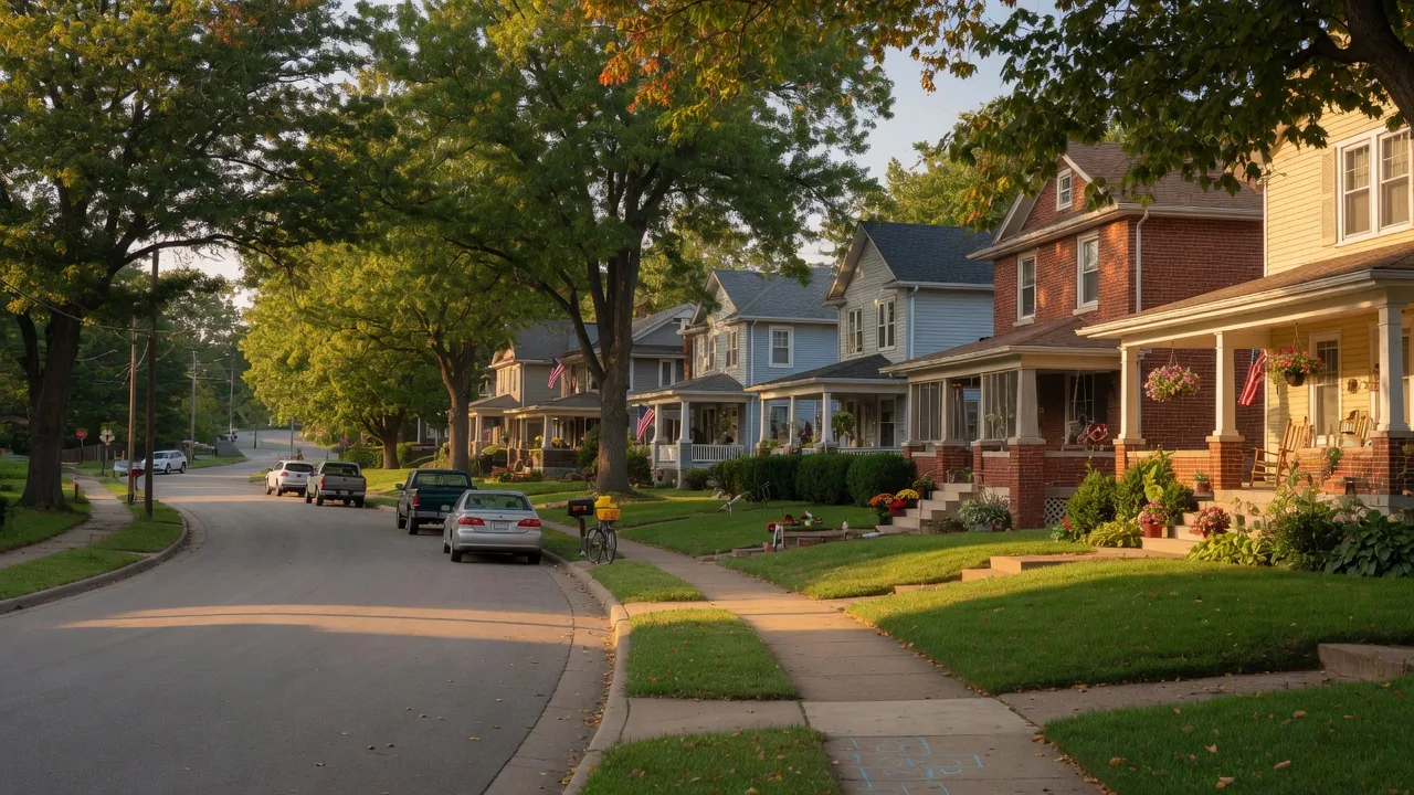 Tree-lined residential street in a welcoming Kansas City Northland neighborhood with beautiful homes and warm afternoon light