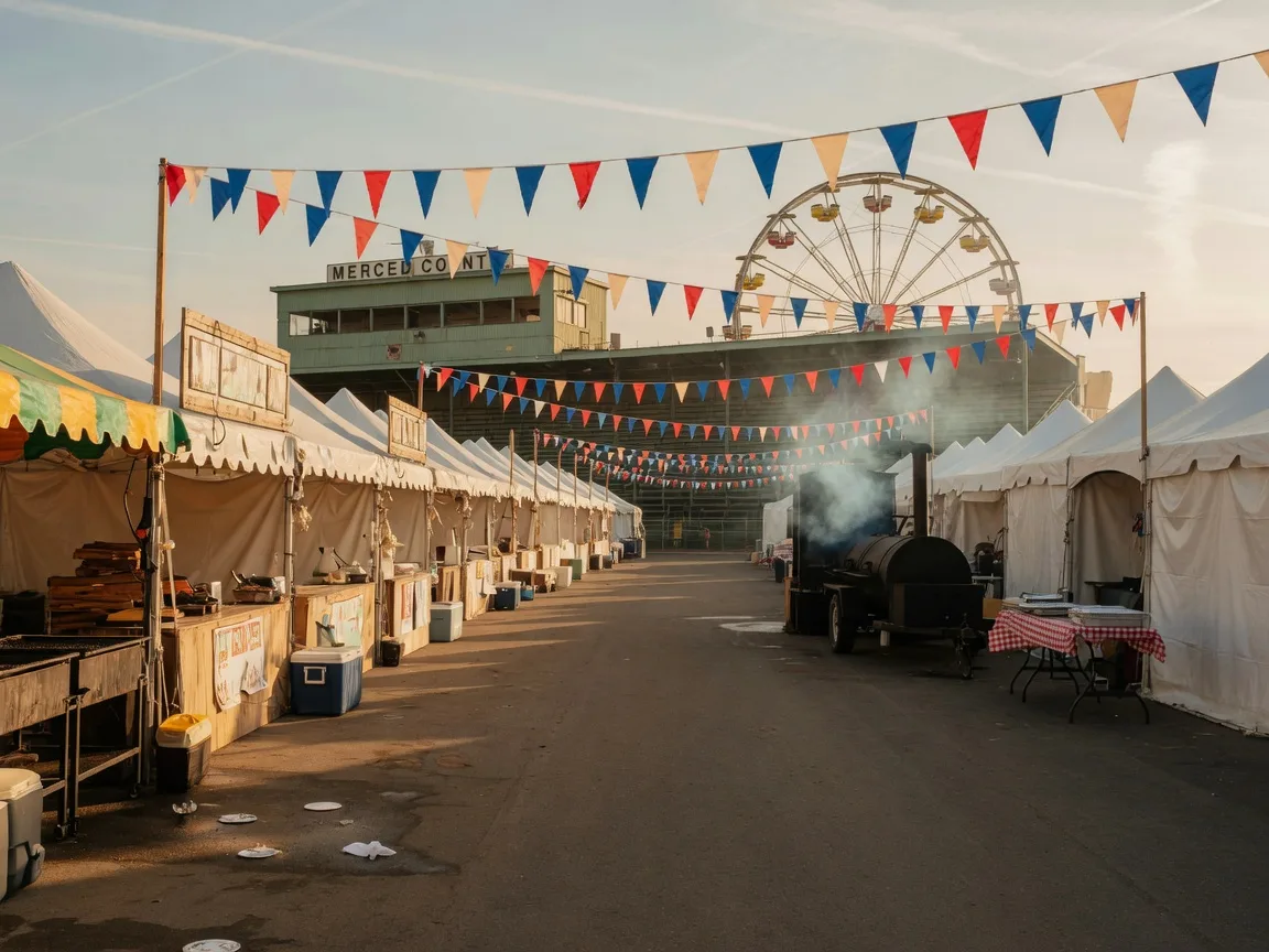 White festival vendor tents and food booths lining a wide fairgrounds pathway at the Merced County Fairgrounds, with a smoking barbecue smoker in the distance, string bunting flags overhead, and a grandstand and Ferris wheel in the background