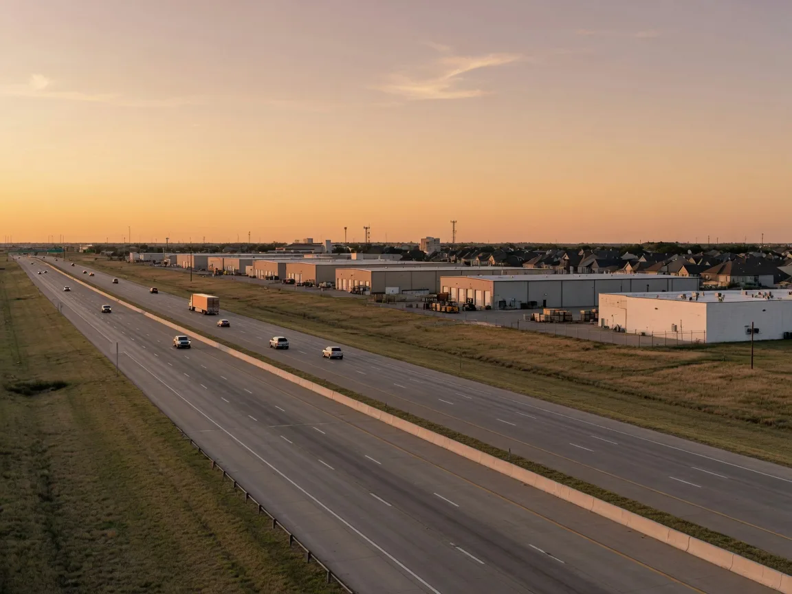 Elevated view looking west across a North Texas highway corridor at dusk, with light traffic and one-story industrial buildings in the distance