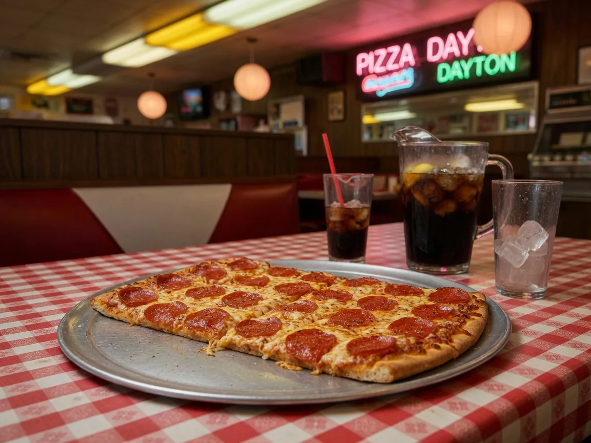 A rectangular party-cut pepperoni and cheese pizza on a metal tray on a red-checkered table with a pitcher of soda beside it at Marion's Piazza in Centerville Ohio, warm retro diner lighting softly blurred behind