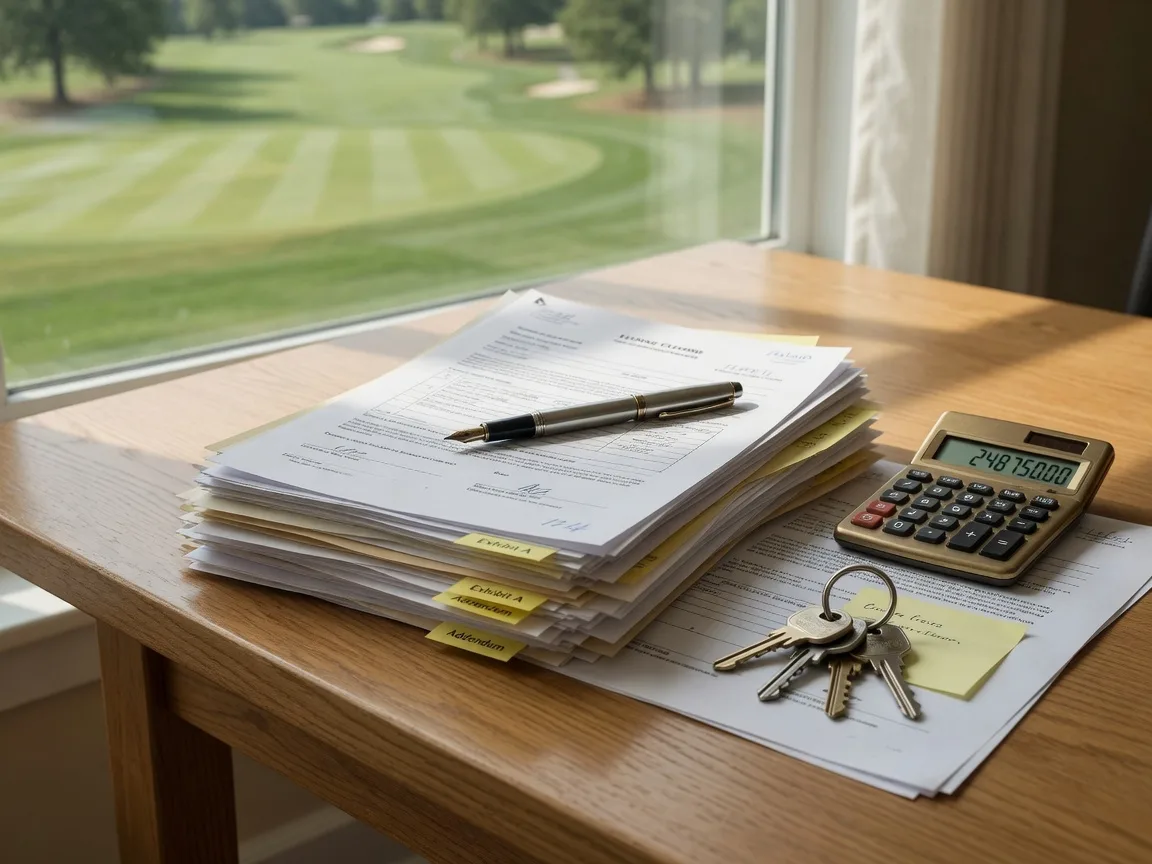 Real estate closing documents, a fountain pen, a brass calculator, and house keys on an oak desk beside a window overlooking a golf course fairway