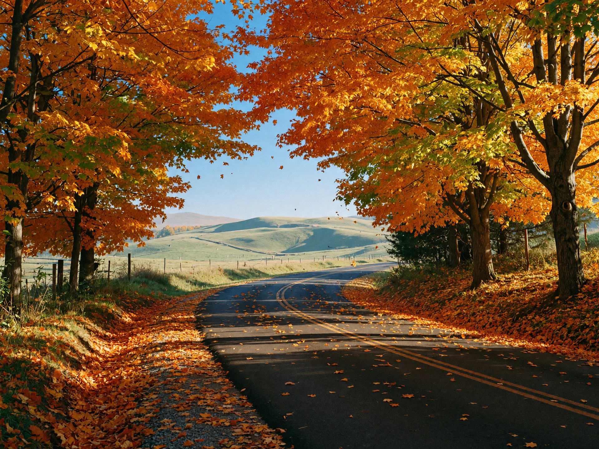 A Kentucky country road under an arch of orange and gold maples in autumn