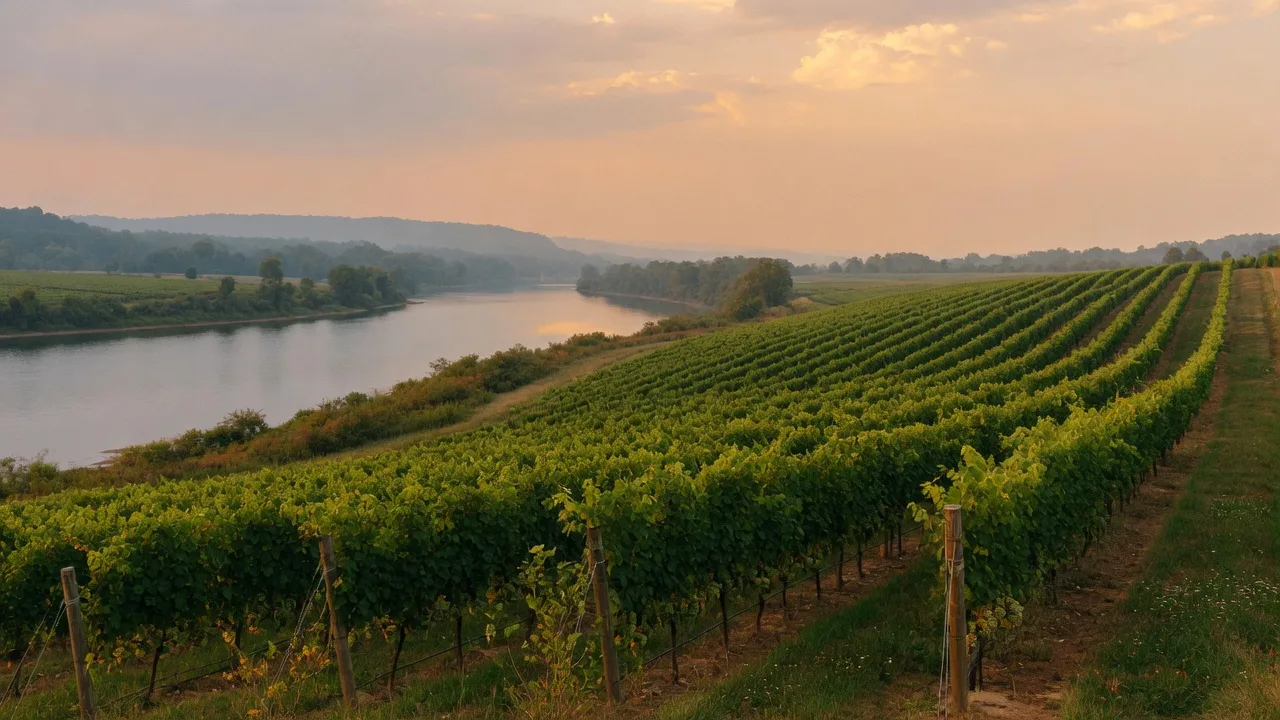 Virginia vineyard at golden hour with rolling hills