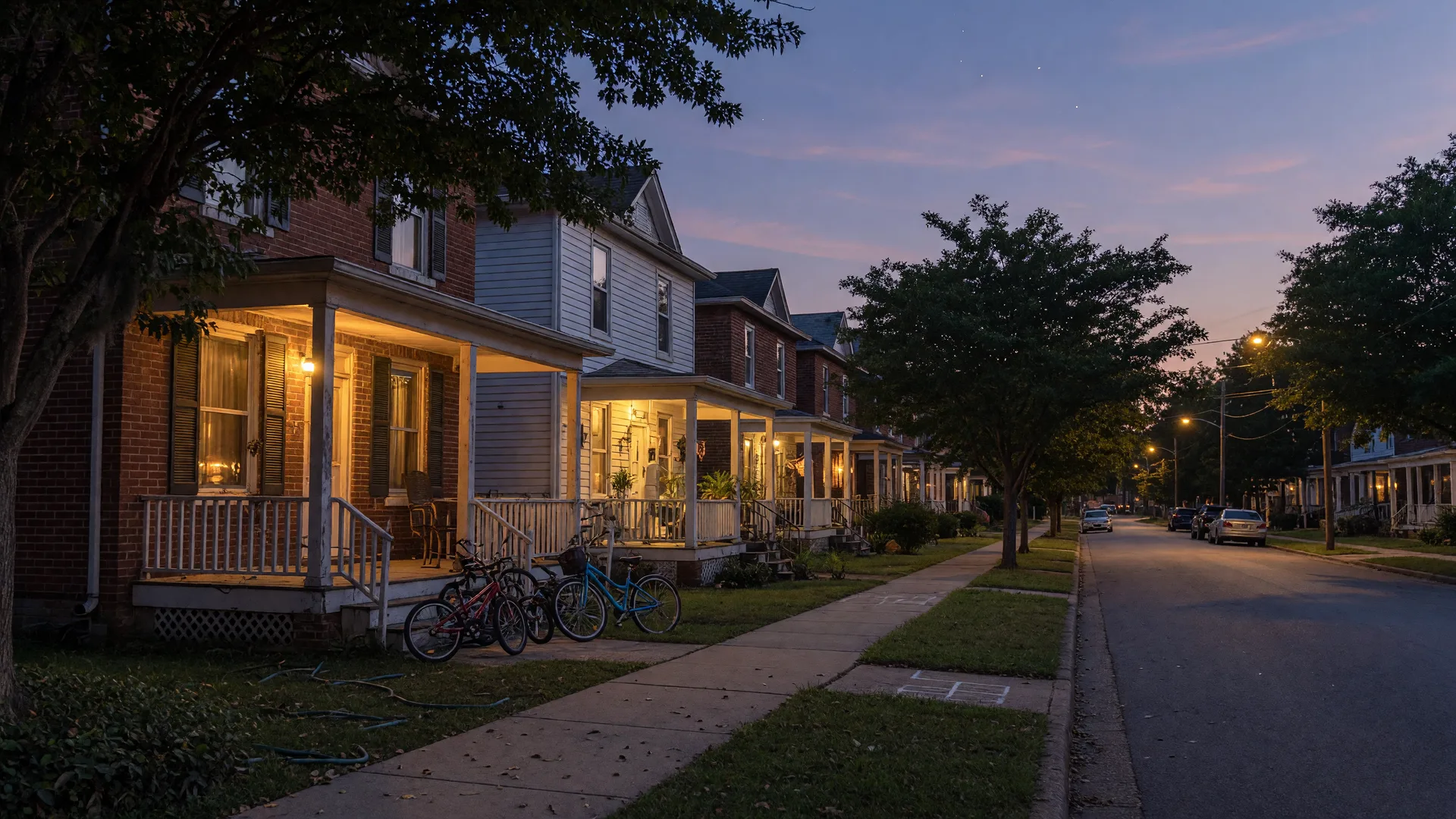 A quiet residential street in Bowling Green at dusk with warm porch lights glowing on brick and siding homes