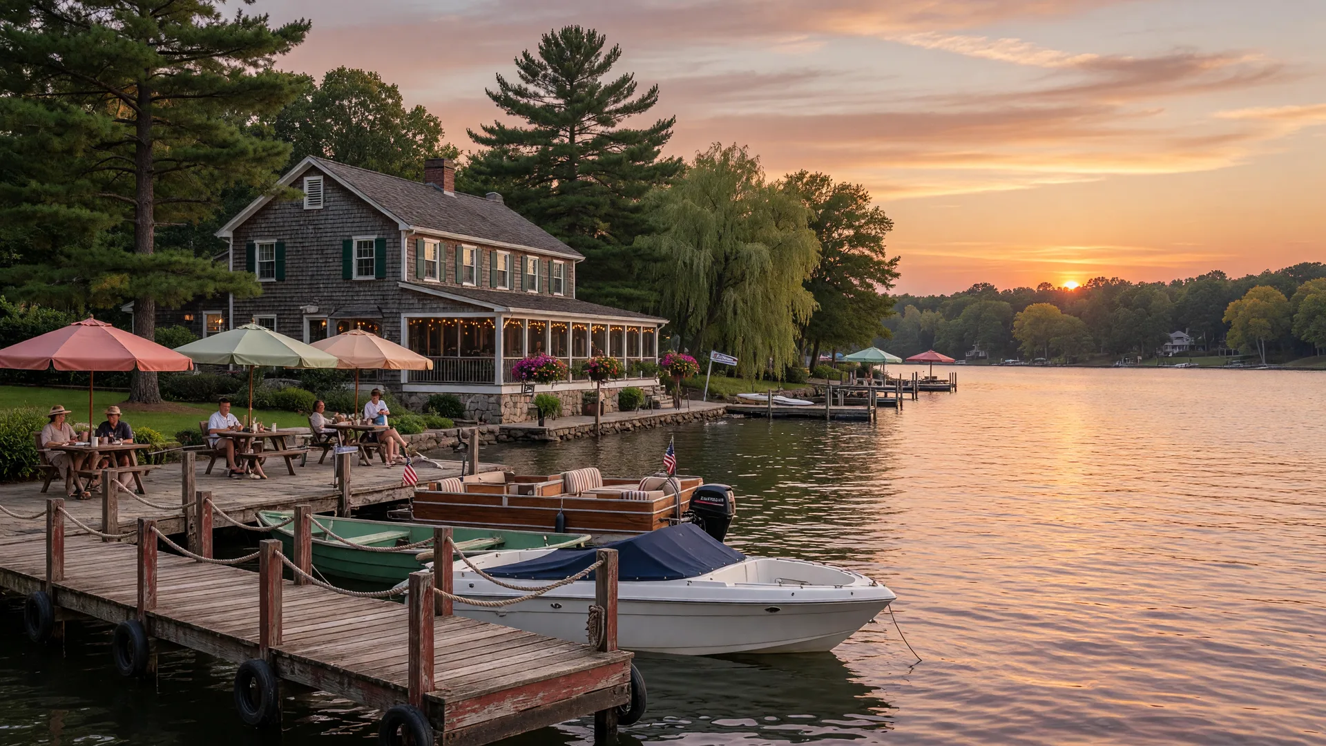 Lake Norman shoreline at golden hour with docked boats, wooden pier, and lakeside restaurant with outdoor seating