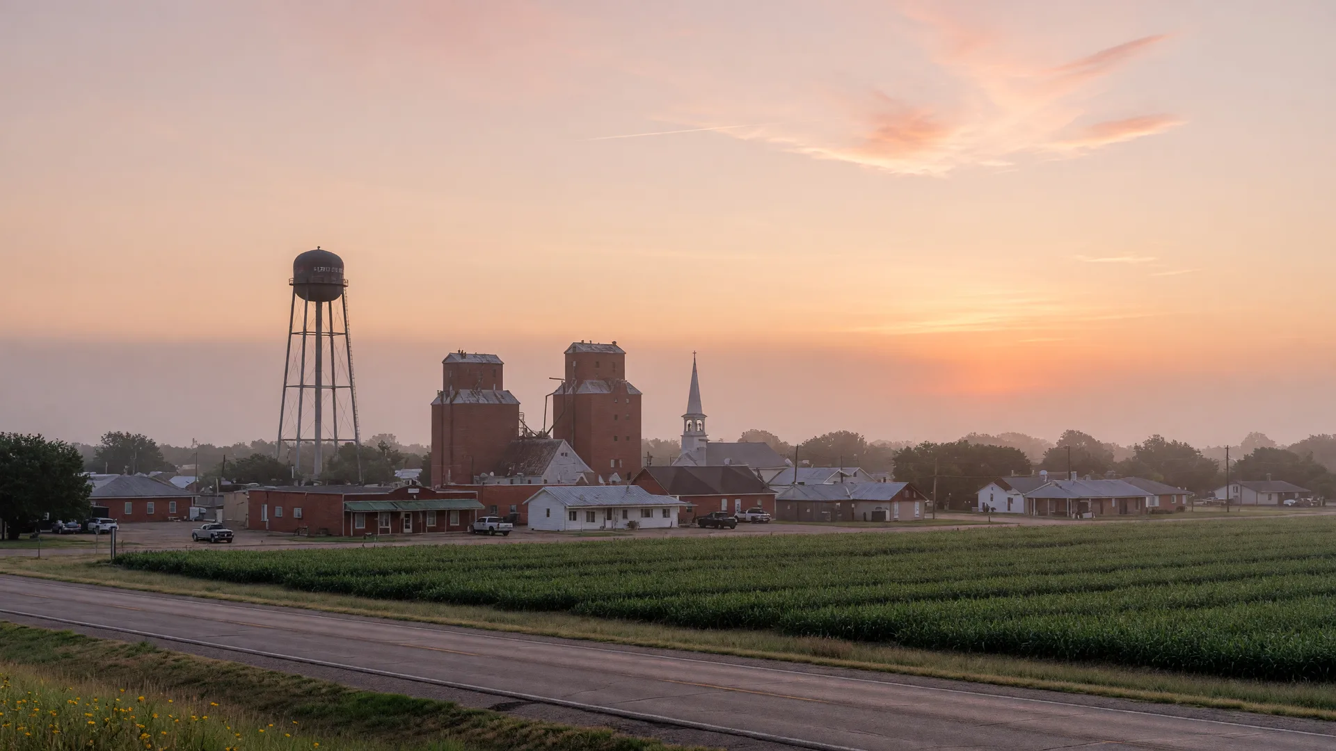 Dawn over a small Texas farm town with a water tower and grain elevators in mist