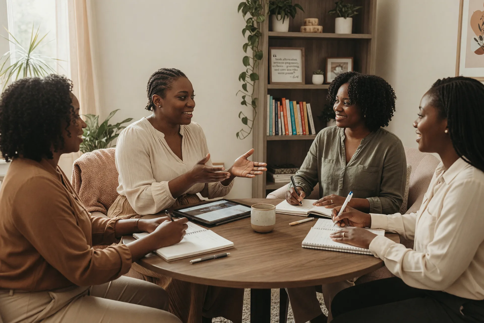 An open journal with birth-plan notes, course materials, and a cup of tea on a training table