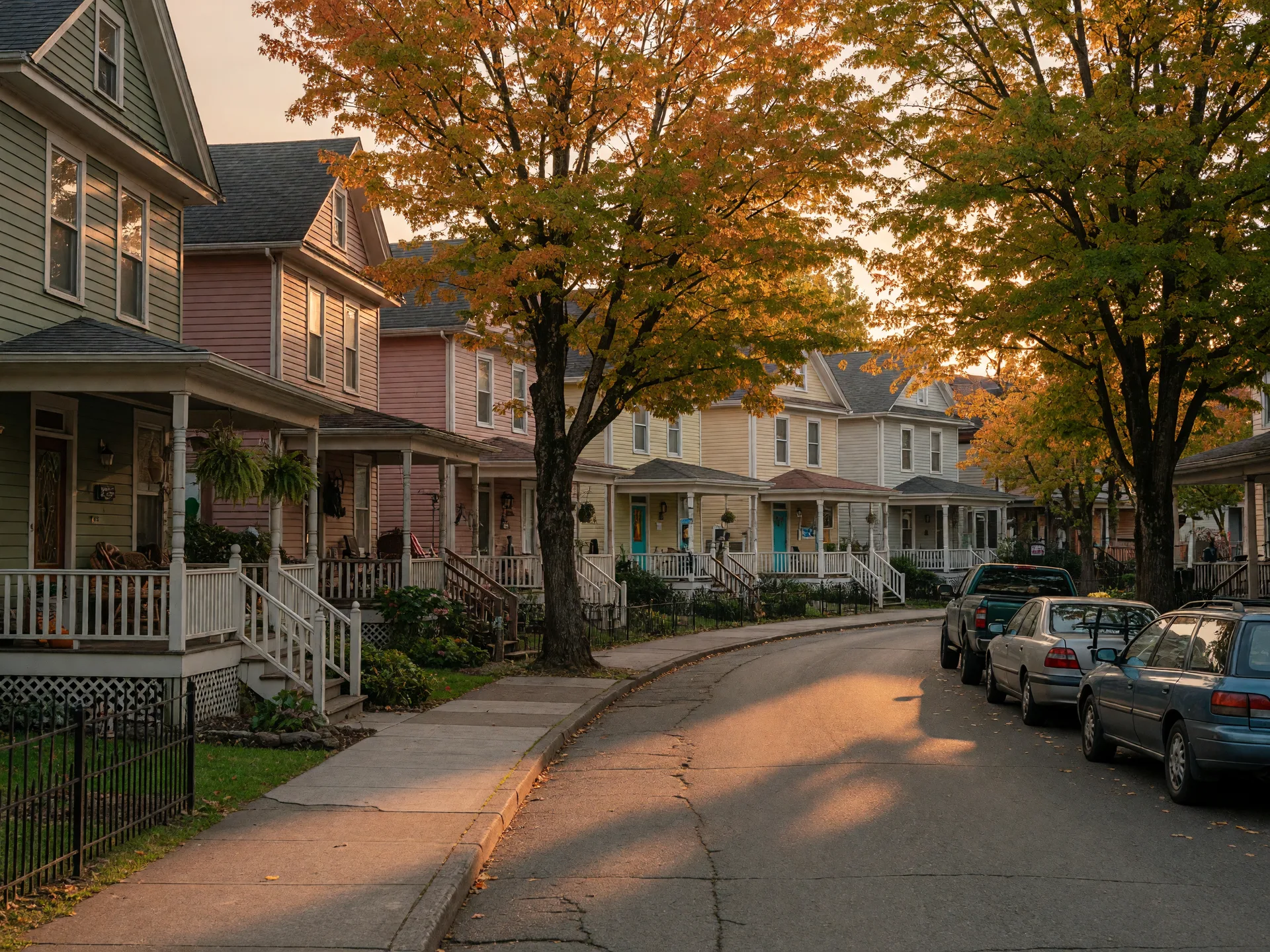 A leafy Northwest District street of early 1900s houses with front porches and mature maples at golden hour