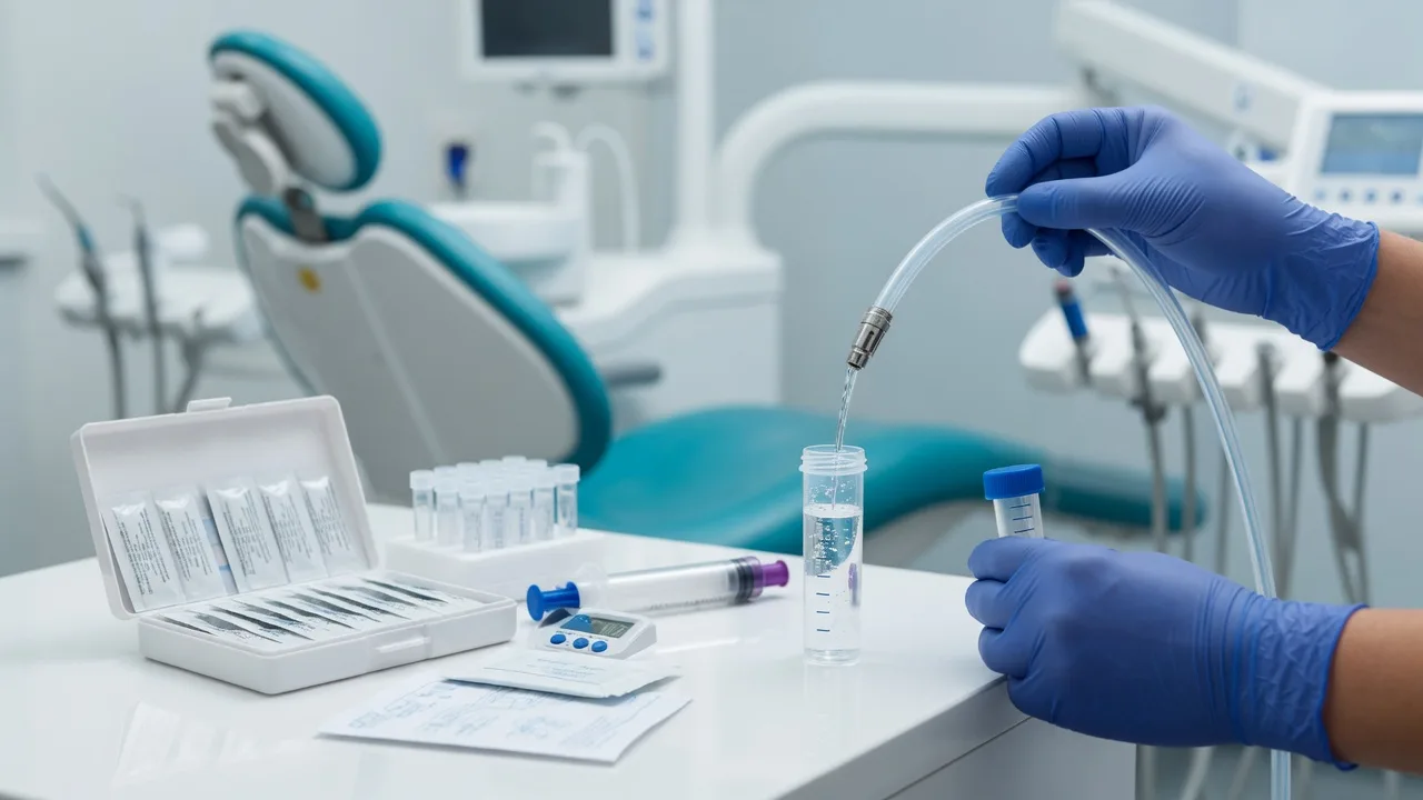 Dental assistant in blue gloves filling a waterline collection vial from a dental unit tube in a clean clinical operatory