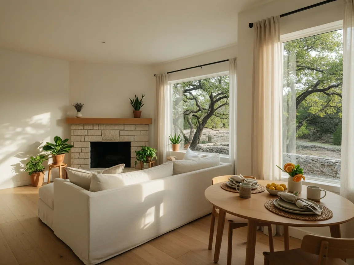 A bright, open living room in a San Antonio home staged for sale