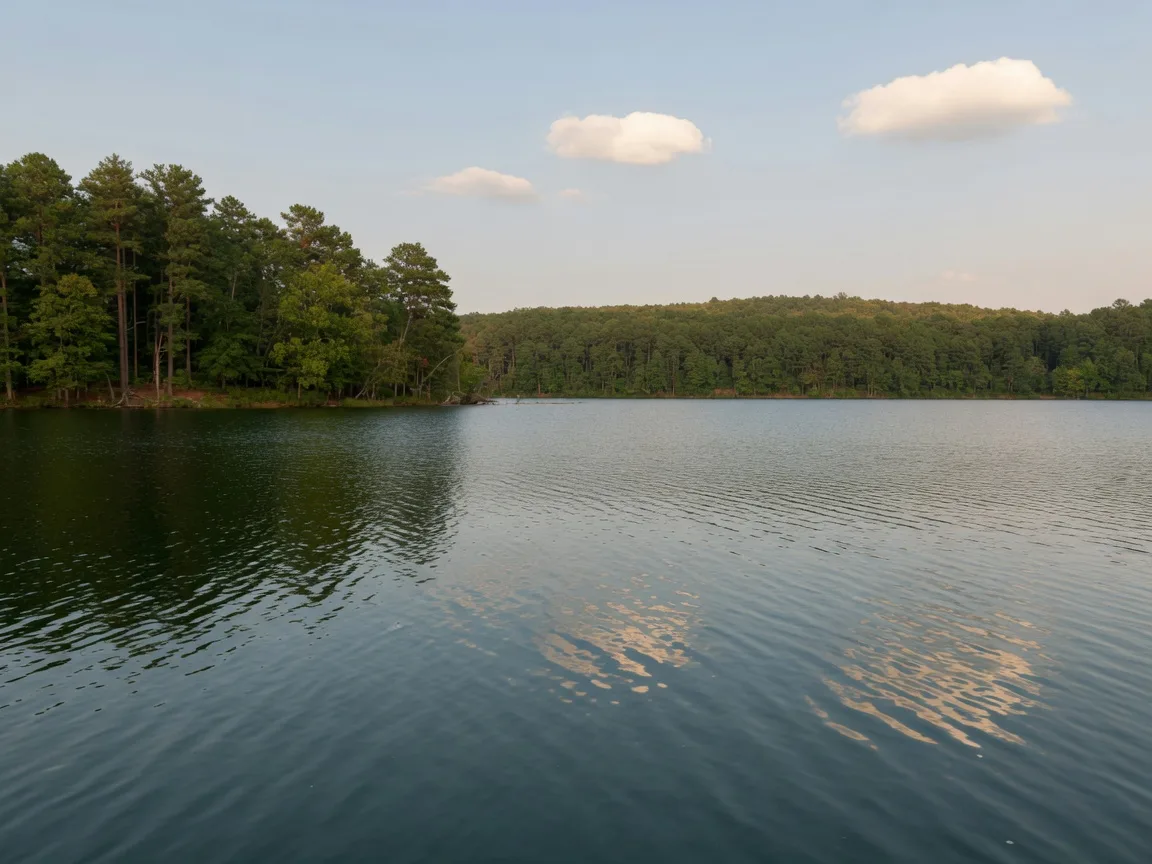 Calm lake waters reflecting a wooded shoreline under afternoon clouds