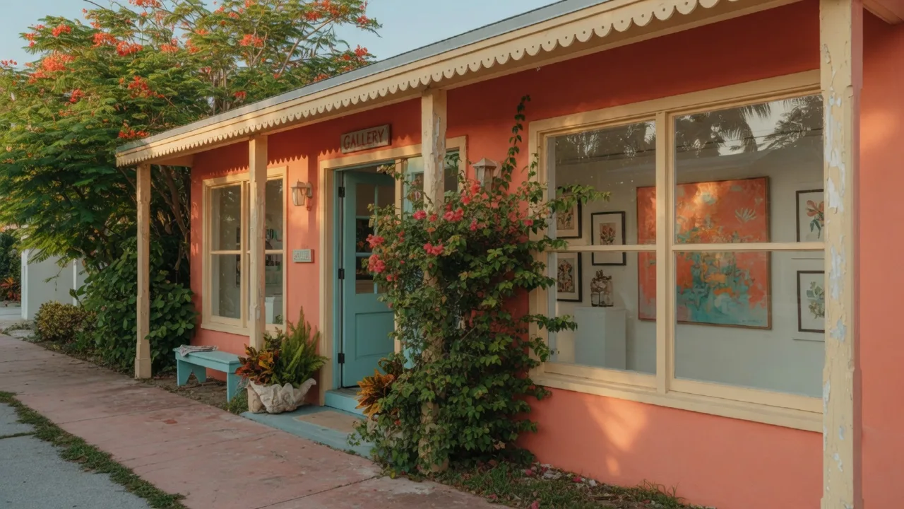 Old Road Gallery coral-colored facade in Tavernier, Florida Keys with tropical foliage and warm afternoon light