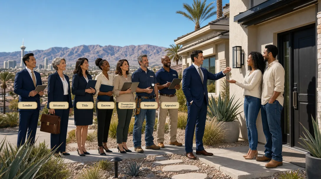 A real estate agent handing keys to buyers at the front door, with seven labeled closing-team professionals in an arc behind them