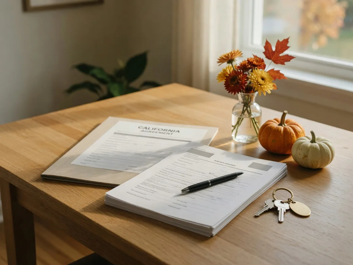 A real estate seller's paperwork on a kitchen table in early fall with a pen, house keys, autumn flowers, and miniature pumpkins in soft window light