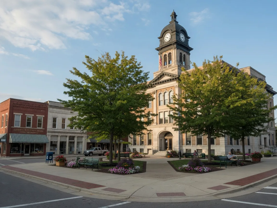 Historic Madison County Courthouse with a clock tower anchoring the tree-shaded town square in London Ohio