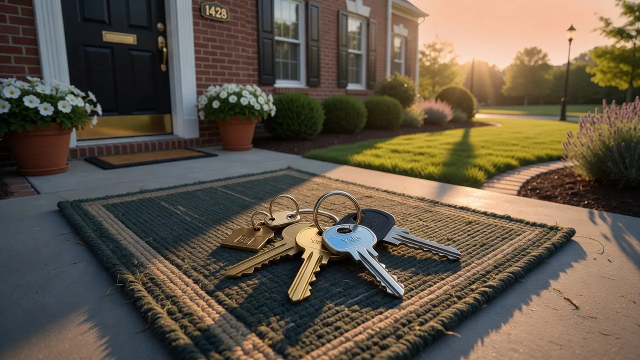 Set of house keys on a welcome mat at a well-landscaped townhome entrance in golden hour light