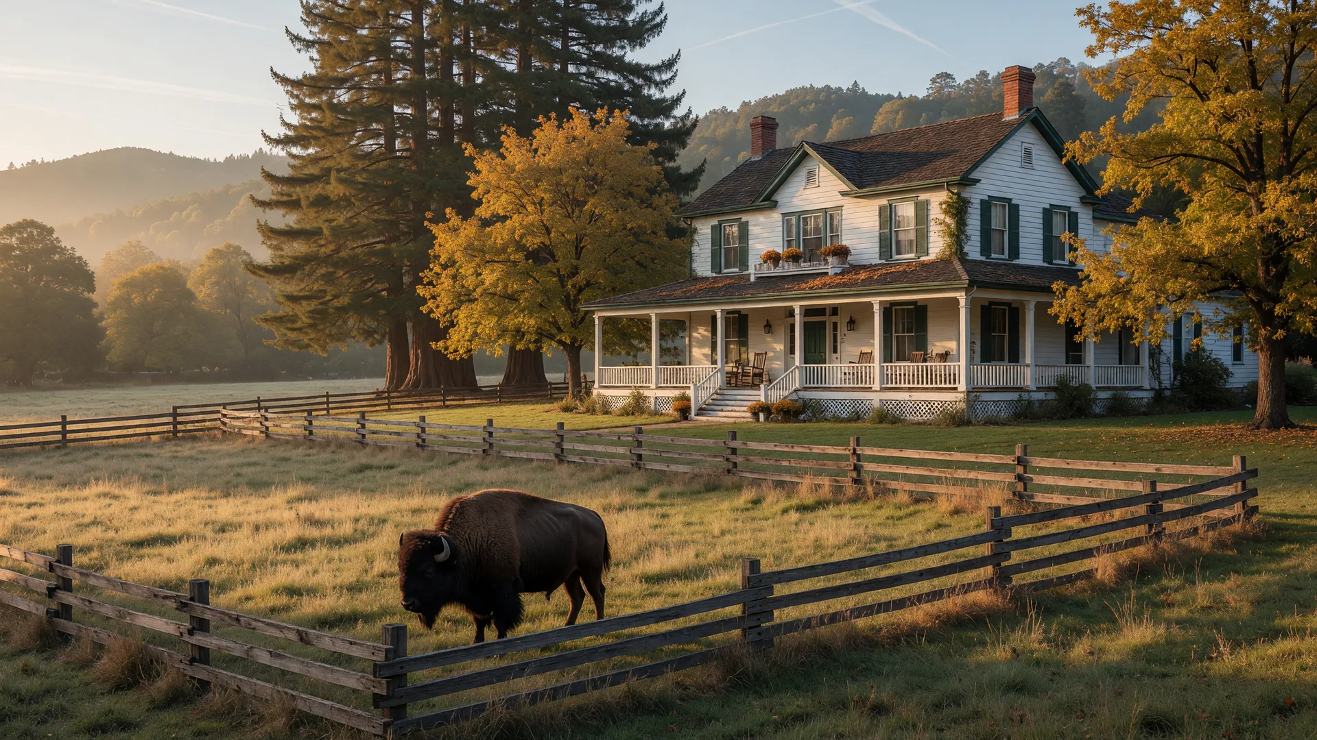The historic ranch house at William S. Hart Park in Newhall surrounded by redwood trees and oaks, with a bison grazing in the meadow