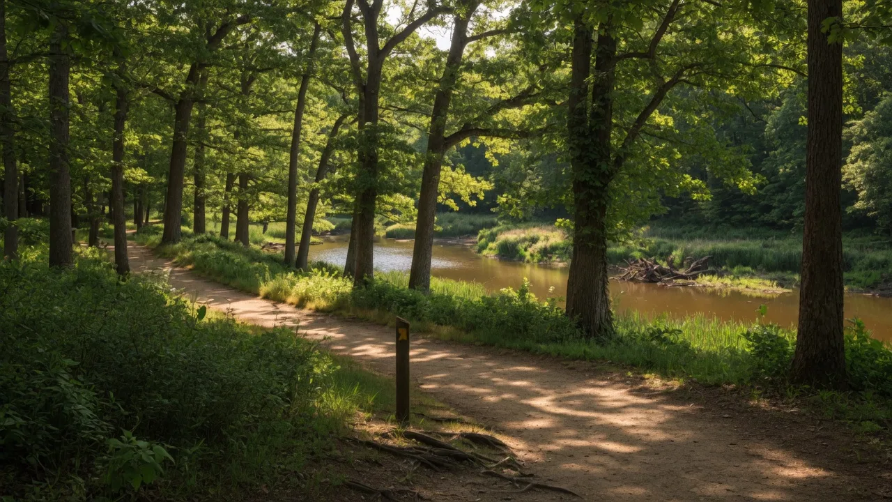 Hiking trail winding through mature forest at Rancocas State Park in Westampton NJ with dappled sunlight and the Rancocas Creek in the background
