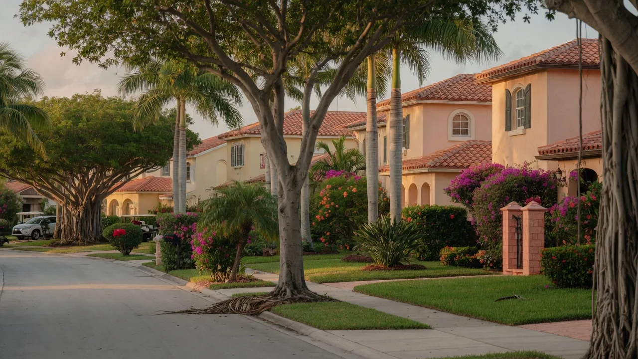 Quiet tree-lined residential street in East Delray Beach with Mediterranean-style homes, palm trees, and tropical landscaping in warm afternoon light
