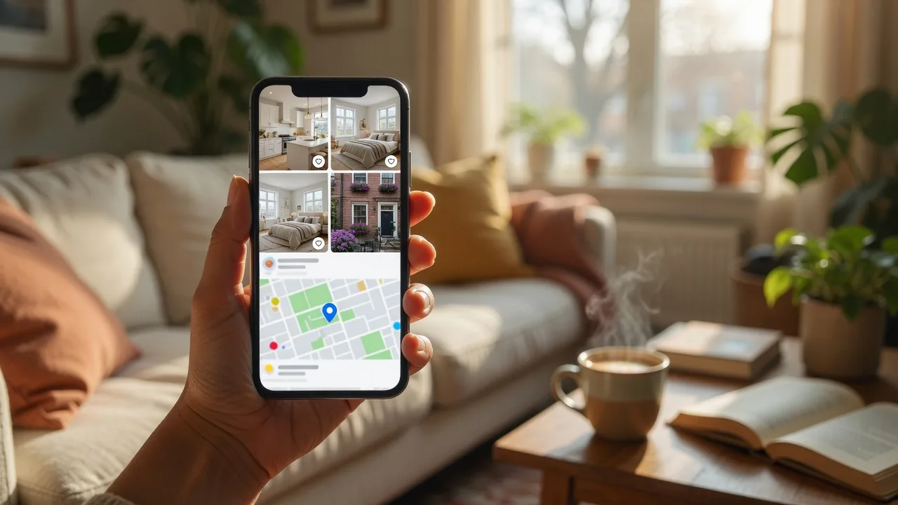 Smartphone displaying real estate app with property listings