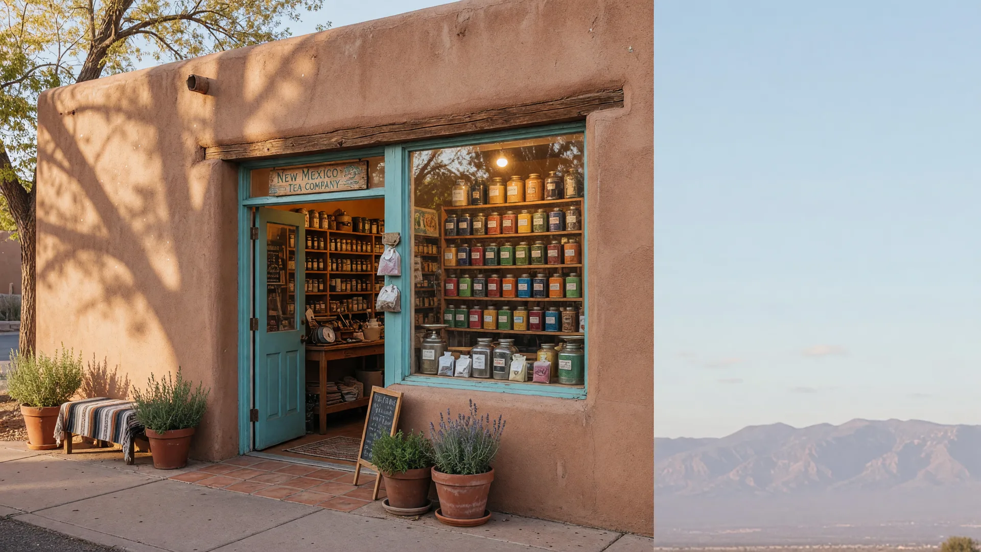 New Mexico Tea Company storefront on Mountain Road in Albuquerque with warm amber lighting and the Sandia Mountains in the background