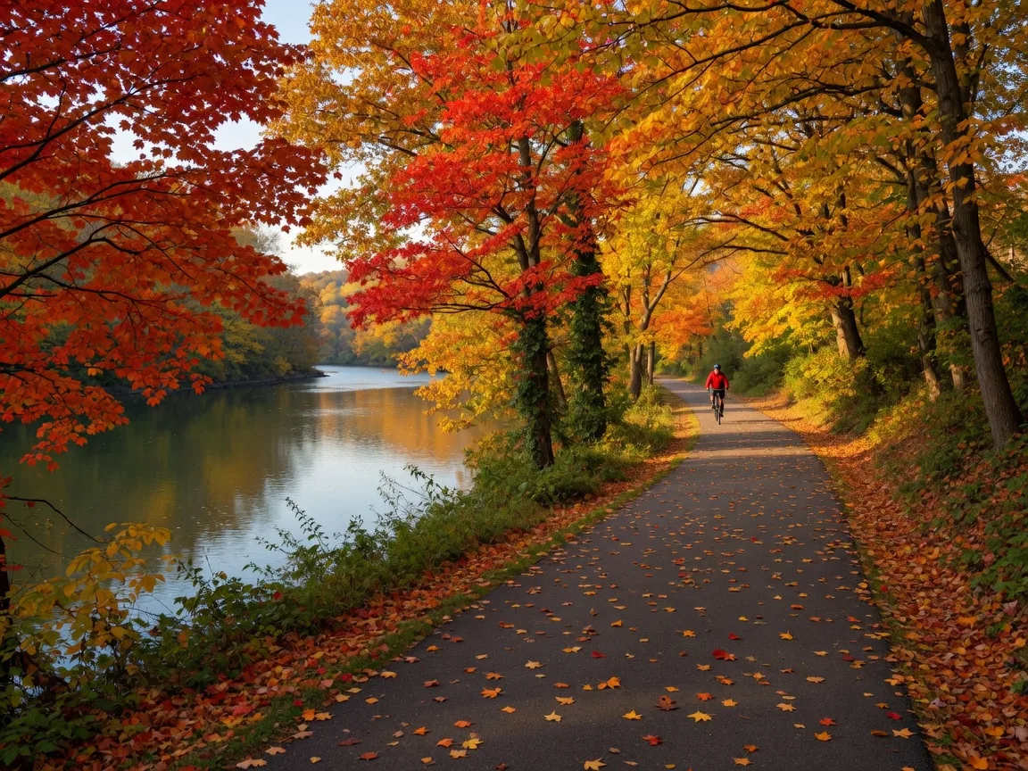 The Schuylkill River Trail near Conshohocken, Pennsylvania in peak autumn with vivid fall foliage along the paved path