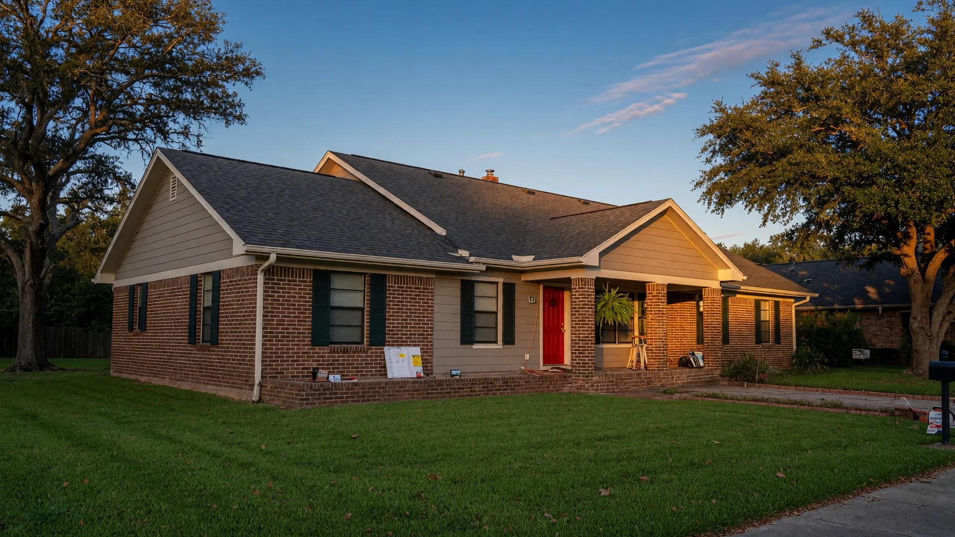A freshly inspected Texas home at golden hour with a clean roofline, brick and siding, live oaks, and a well-kept lawn in the San Antonio area