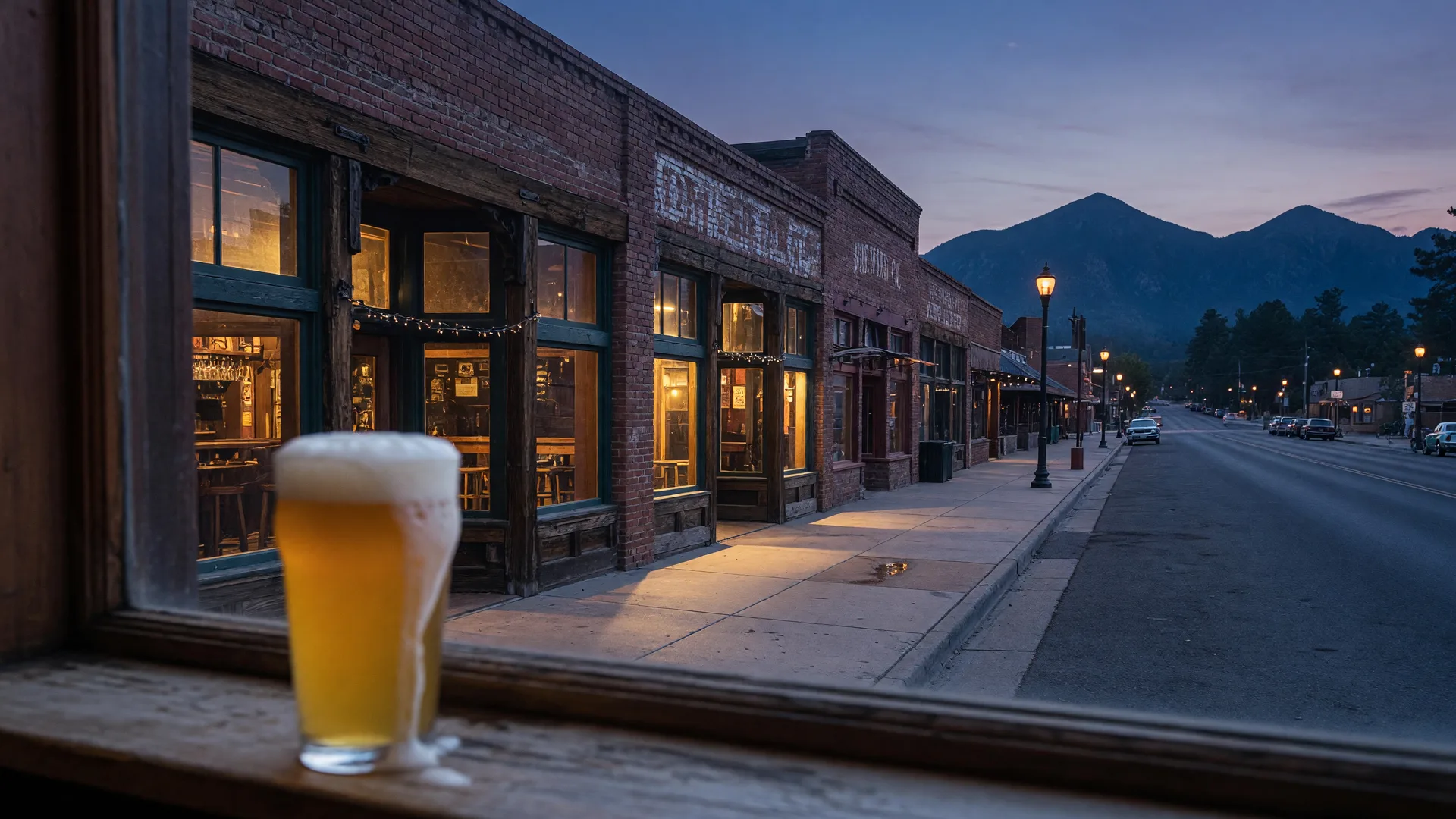 A foamy glass of beer on a windowsill above a dusk-lit Flagstaff brewery street with the San Francisco Peaks on the horizon