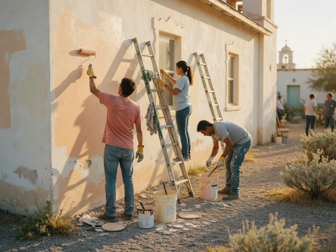 Volunteers painting the wall of a church courtyard in Baja California