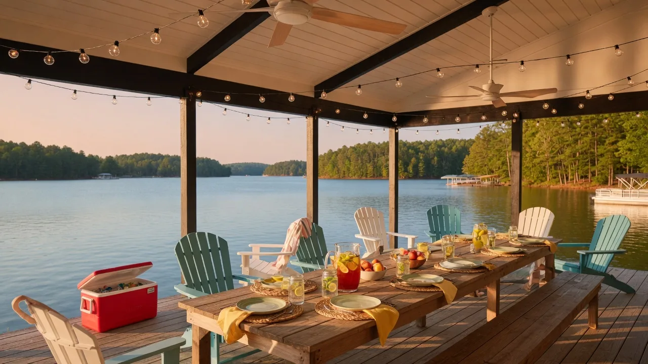 Covered lakeside pavilion on Lake Hartwell with a table set for a gathering, string lights, and golden-hour light over the water