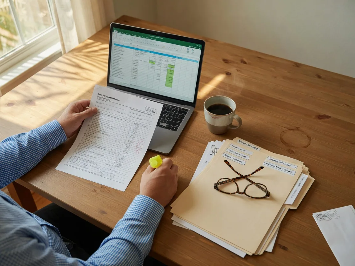 A seller reviewing a settlement statement with tax records and folders at a wooden table