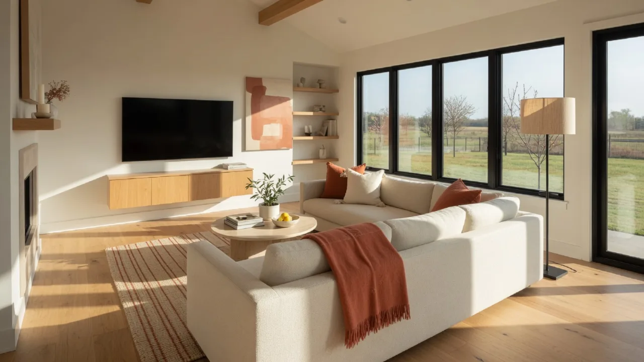 Bright contemporary living room in a new Oklahoma family home with large windows and warm afternoon light