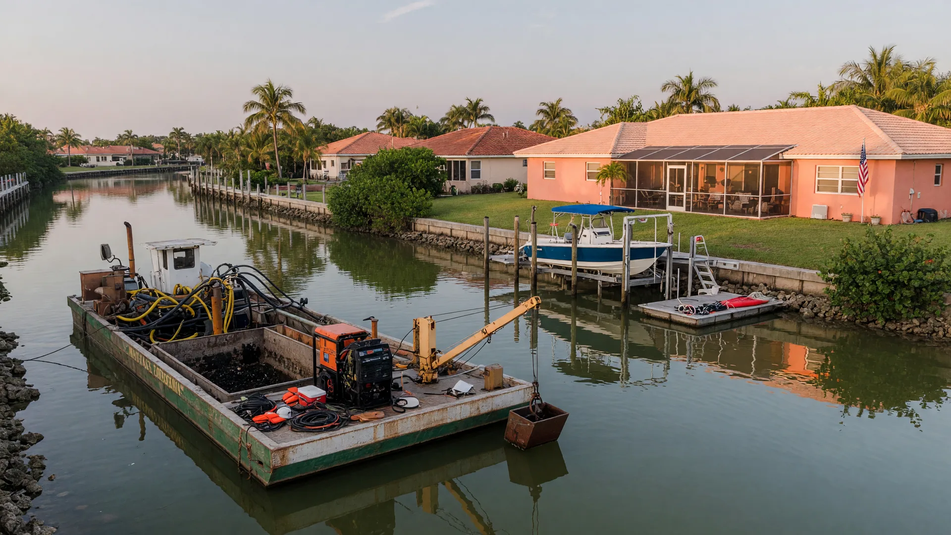 A purpose-built dredging barge working in a calm residential South Florida canal beside a waterfront home and private dock