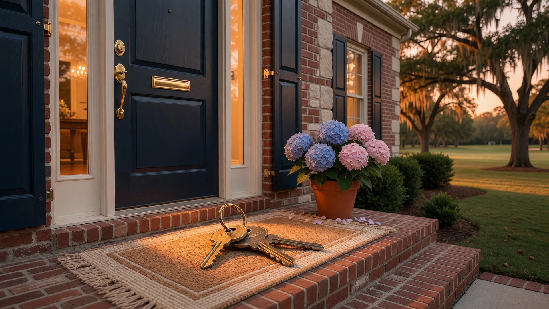 Brass house keys on a welcome mat at the front entrance of a brick luxury home in a Georgia golf community at golden hour