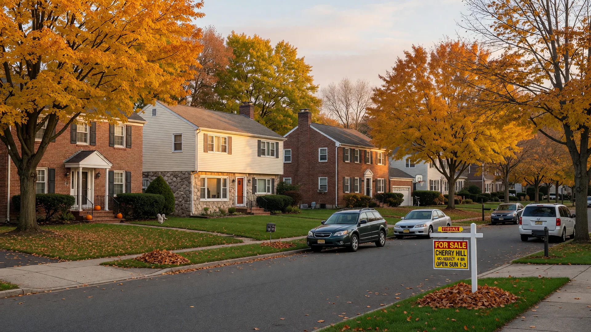Tree-lined Cherry Hill neighborhood street with a For Sale sign in autumn light