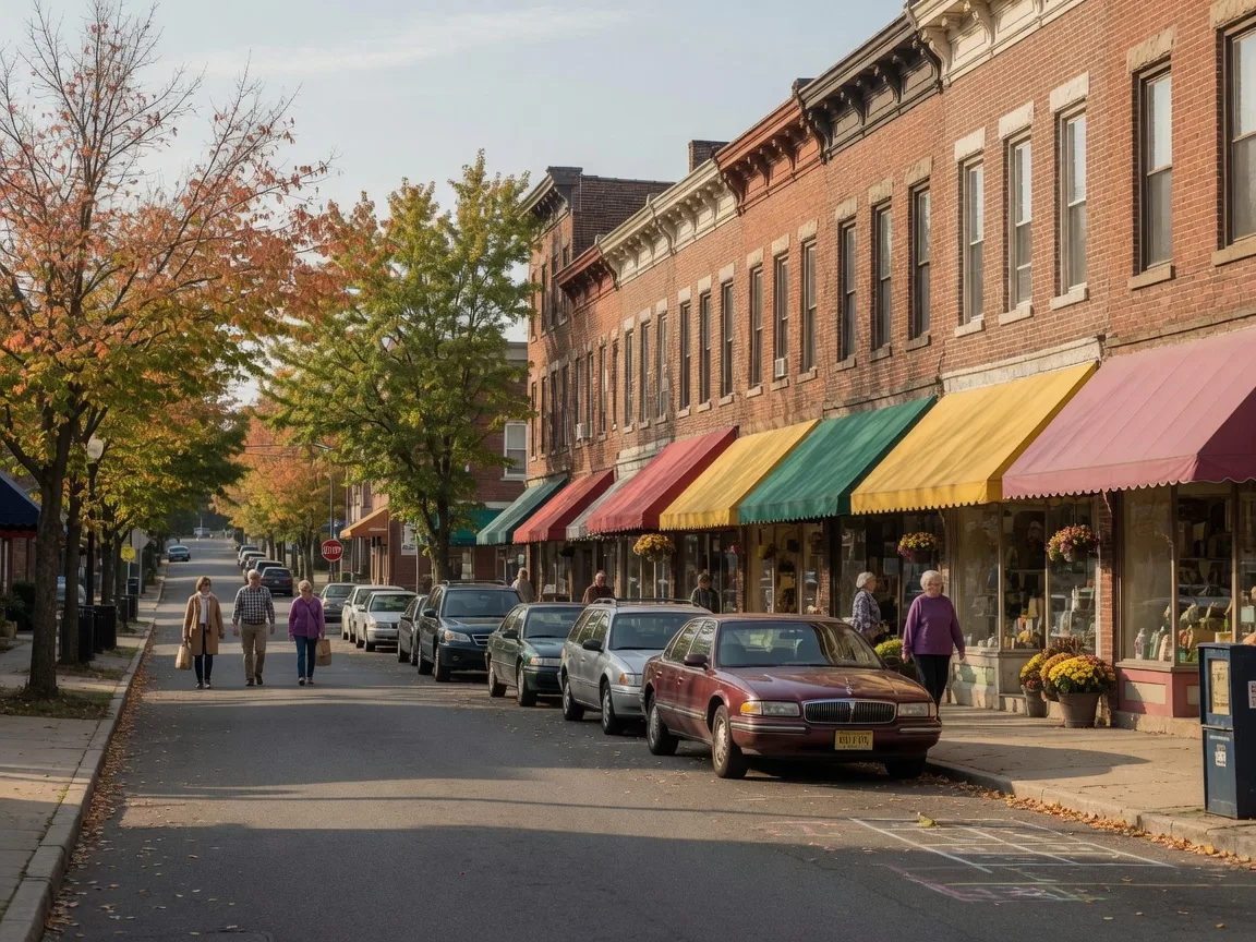 A classic tree-lined New Jersey main street with brick storefronts on a warm autumn afternoon