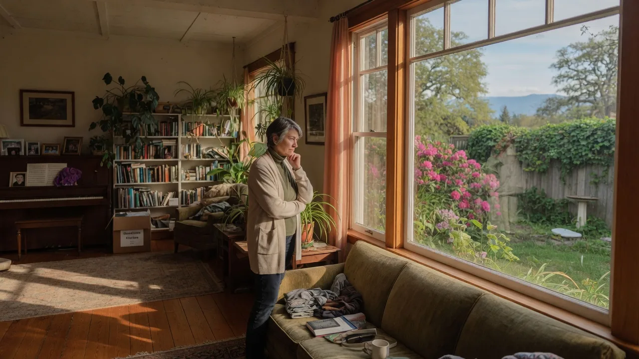 A homeowner in Greater Victoria standing thoughtfully in a spacious living room, contemplating whether their home still fits their life