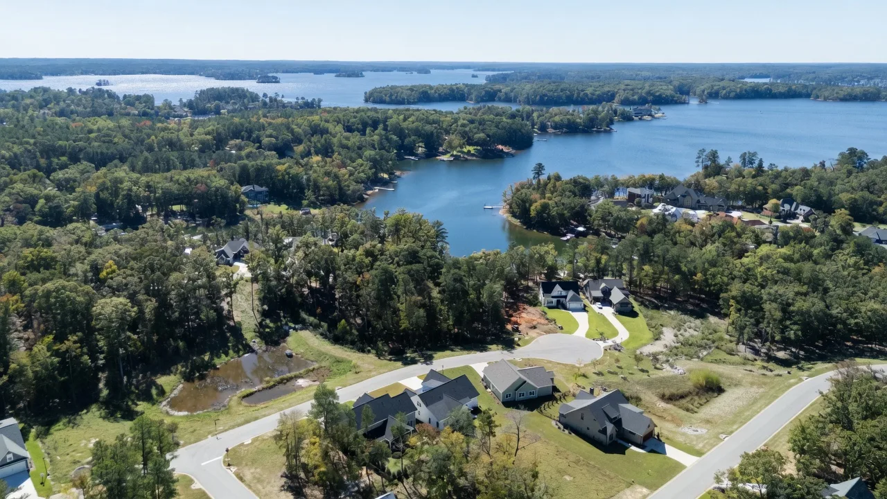 Aerial view of nearby Lake Murray beyond the neighborhood. Nearby location footage.