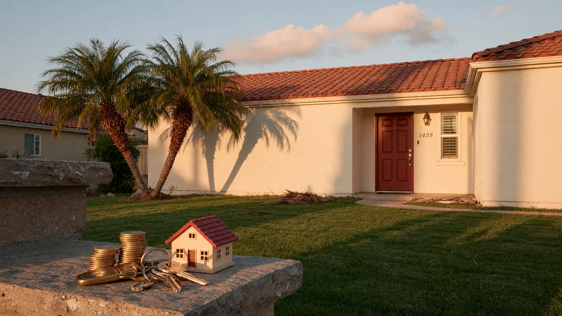 A single-story Southern California stucco home with a red tile roof and palm trees at golden hour, with gold coins, brass keys, and a small wooden model home on the front step, representing the equity a homeowner has built