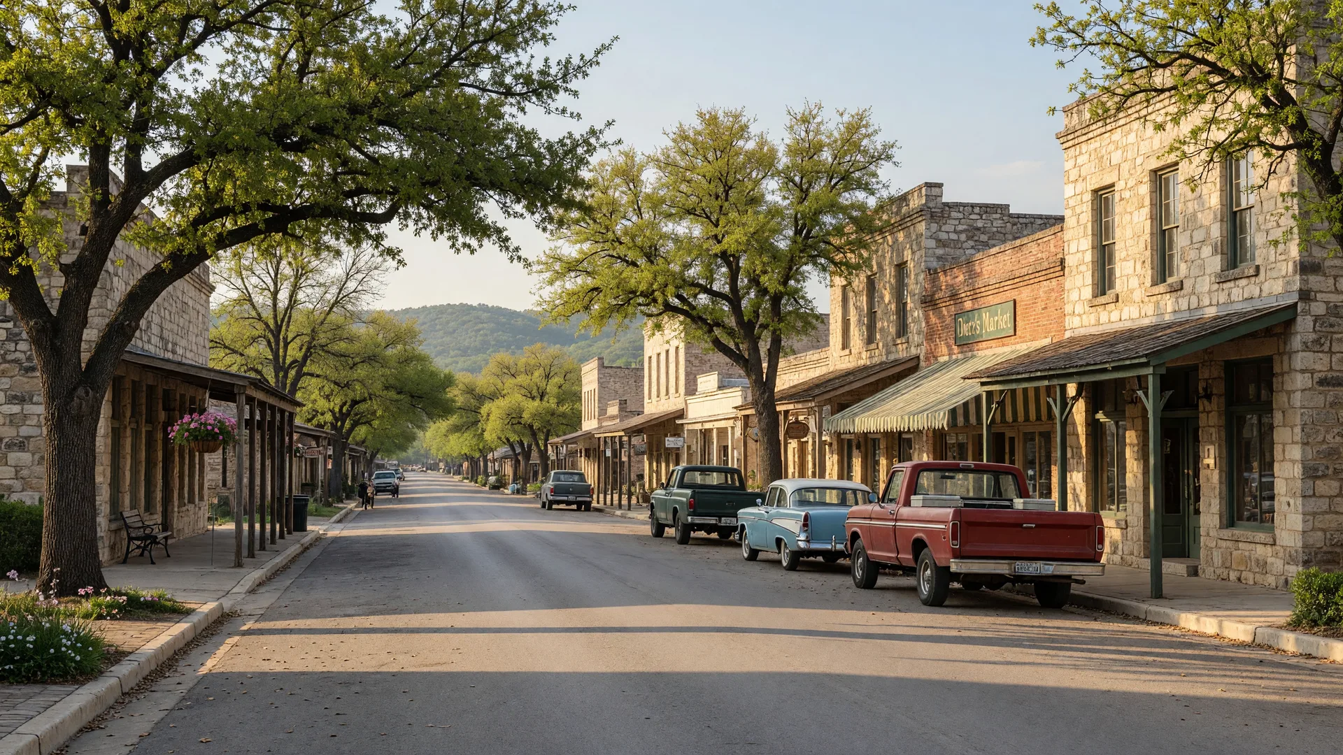 Historic Main Street in Fredericksburg, Texas with 19th-century limestone and brick storefronts under live oak trees in the morning light