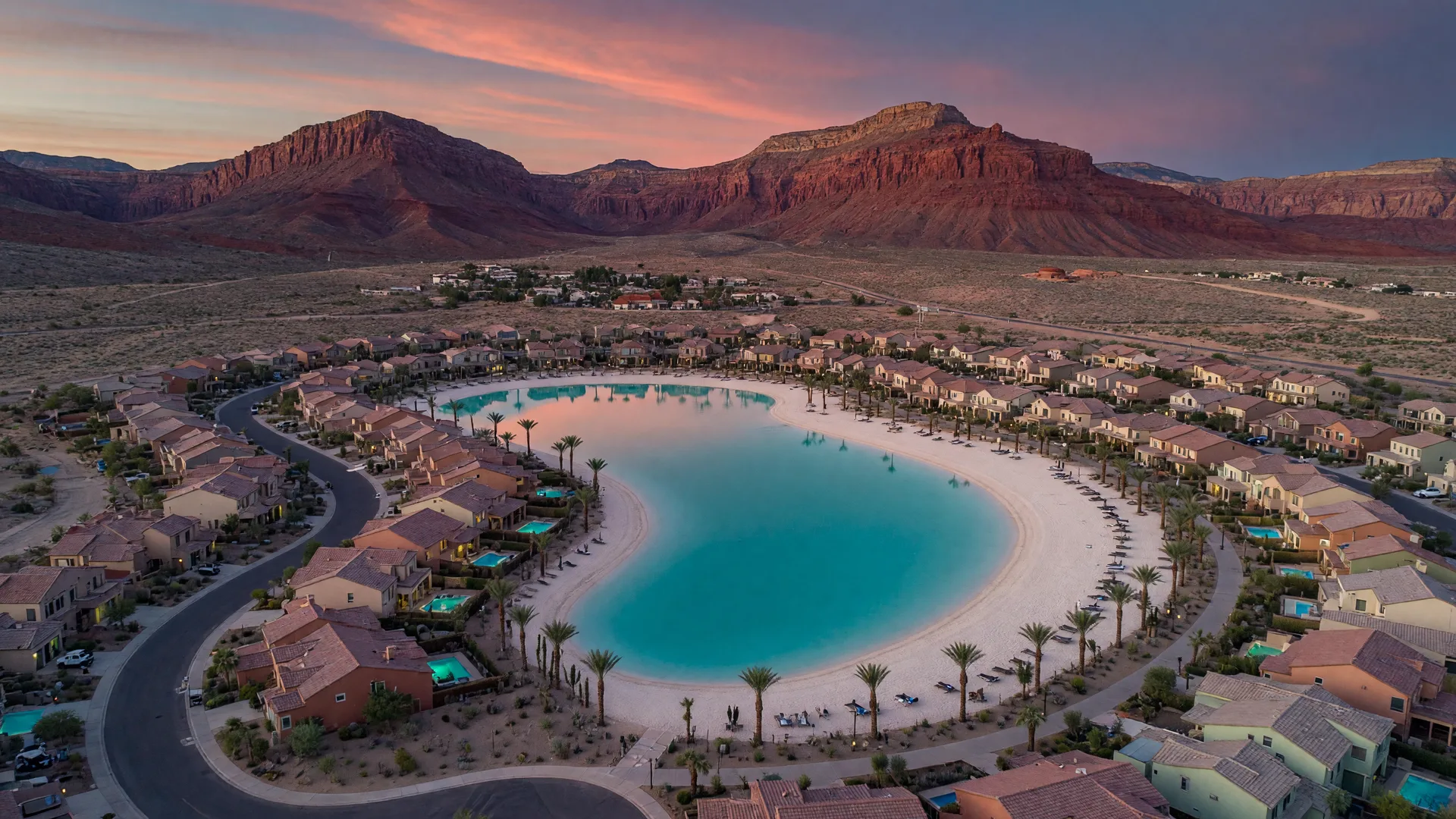 AI-rendered concept image of the Desert Color resort-style community with its turquoise swim lagoon and modern homes at dusk