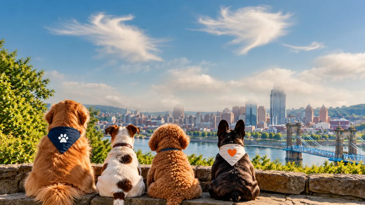 Four dogs seen from behind, sitting together overlooking the Cincinnati skyline and the Ohio River on a sunny day
