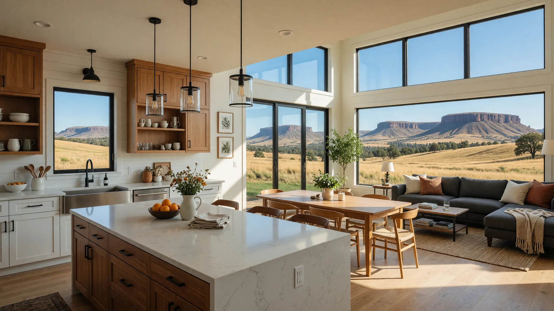 A bright open great room in a new Quail Run home, with a kitchen island and windows framing the Table Rocks and golden hills
