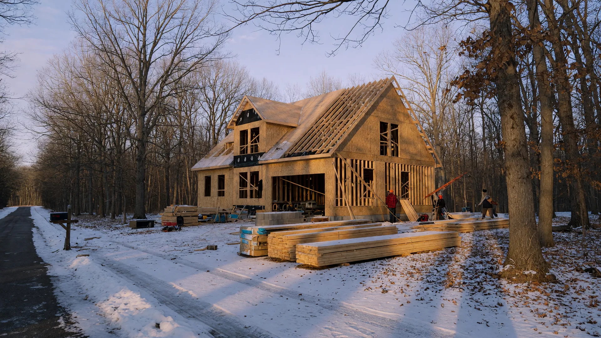 A framed custom home shell rising on a snow-dusted wooded one-acre lot among bare Michigan oaks and maples, the kind of winter build Big Sky Development manages year-round at Oaks of Tyrone