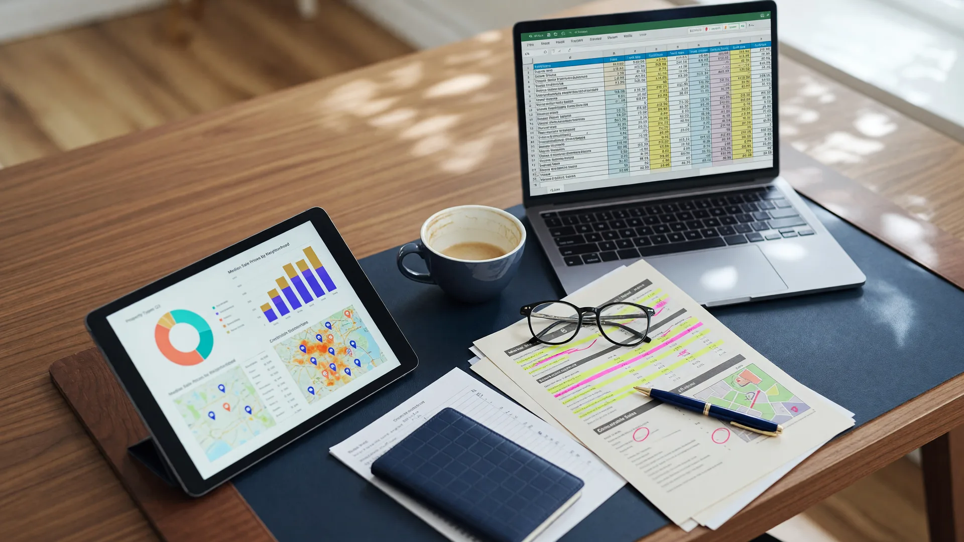 Real estate data analyst desk with tablet showing property charts, laptop with market analytics, coffee, and a printed report with highlights