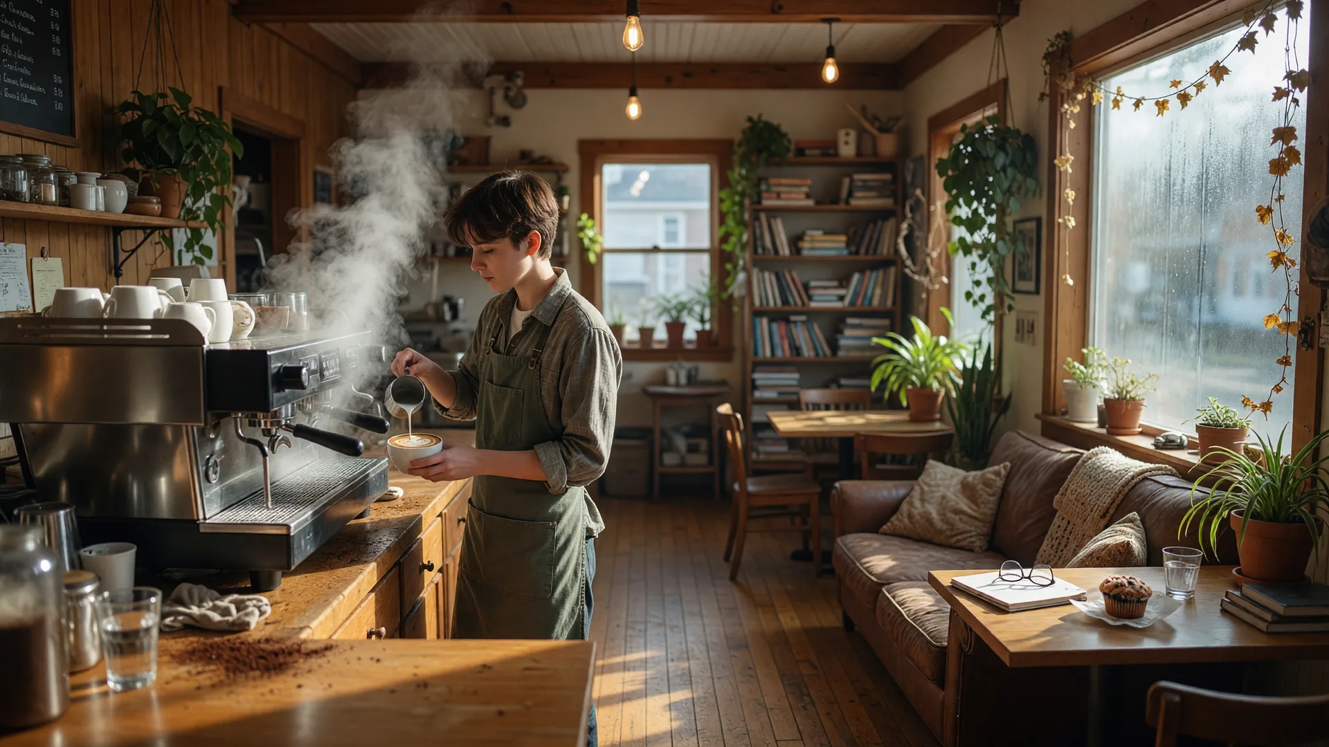 Cozy coffee shop interior with barista making latte art