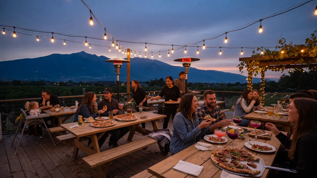 Lively outdoor dining patio with string lights and mountain views near Herriman, Utah