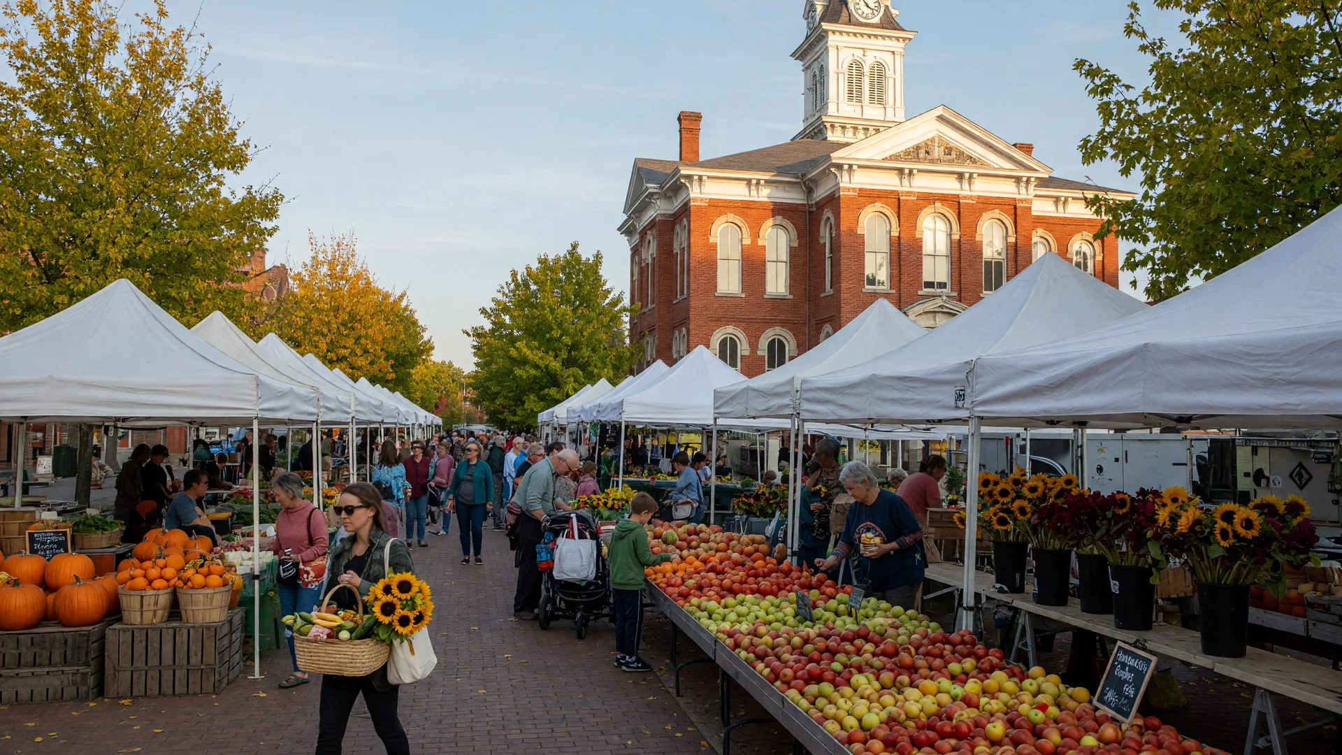 The Clinton County Courthouse Square in Wilmington, Ohio on a September morning with farmers market vendor tents, crates of pumpkins and sunflowers, and shoppers strolling between the stalls